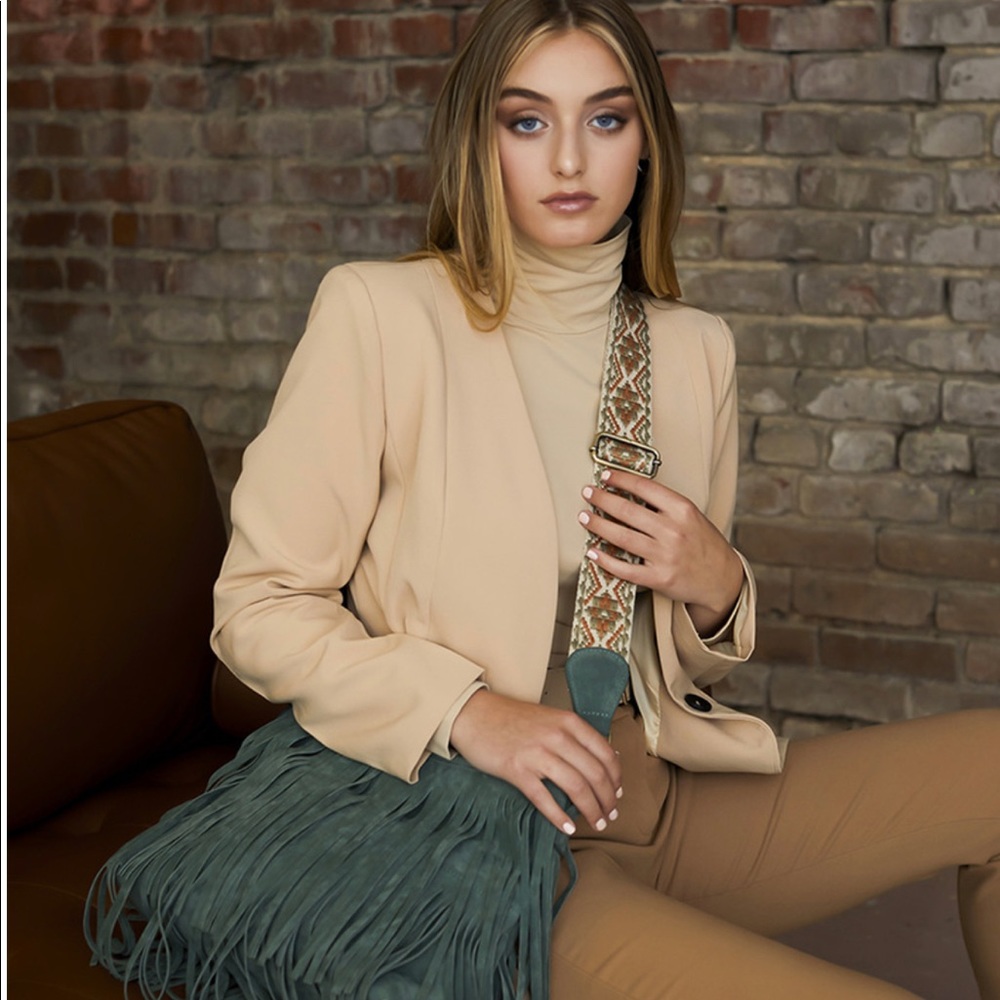 Suede Leather Fringe Crossbody w/Guitar Strap